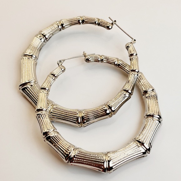 Unbranded Jewelry - Bamboo Oversized Hoop Silver Tone Earrings 3.25” Diameter Click-Top Closure